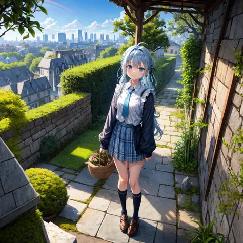 Light blue hair、Rainbow Eyes、Wavy Hair、Hair tied up、Two cute、 plaid miniskirt 、Black T-shirt、Long sleeve、and、 High Socks 、tie、Teeth are visible、Ice Castle、Tilting face、lawn、In front of the city gate、The stone is cracked、Uneven ground、Stone Wall、The road is...