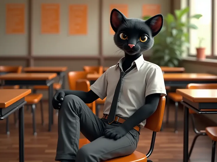 Japanese high school classroom. Decorating for Halloween at the school festival. Classroom desks and chairs are being used as cafe tables and chairs. A black leopard boy sits comfortably on that chair. Looking at the camera with a gentle smile. A supple wh...