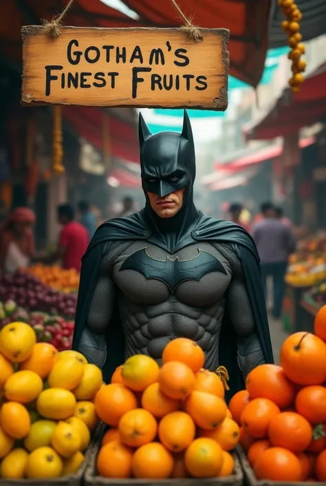 Create a vivid image of Batman, in his iconic costume, selling fruits at a bustling Indian market. He stands behind a colorful stall filled with fresh fruits like mangoes, bananas, and oranges. Despite the vibrant atmosphere around him, he wears a sad expr...