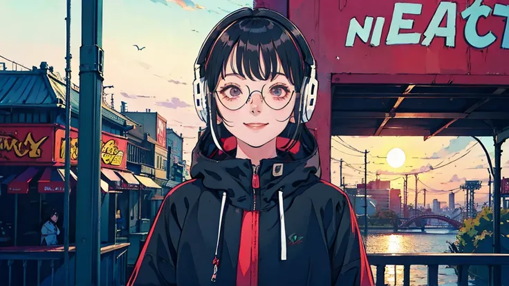 anime　girl　Black Hair　Glasses　smile　Headphones　Short　evening　sun　amusement park