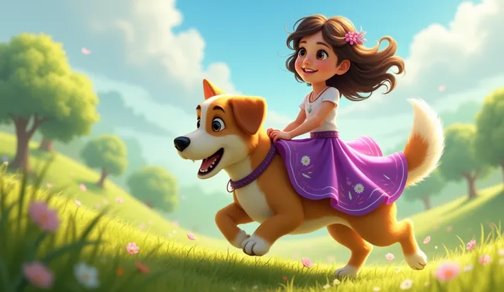 Girl dog ride wearing purple skirt
