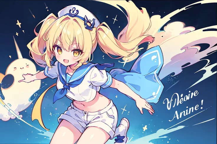 Twin-tailed golden-haired girl in sailor suit, Visible navel, Wear a hat and pants.a drawing of an anime character, clean line drawings, ultra cute girl, ultra cute face, ultra detailed eyes, ultra detailed hair, ultra cute, ultra beautiful, ((high end)), ...