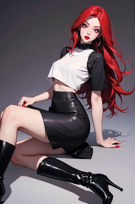 woman with long red hair, white skin, black eyeliner and makeup, red lipstick, a purple crop top, with a long black high-waisted skirt with a cut on the side, long black boots with heels, black tights