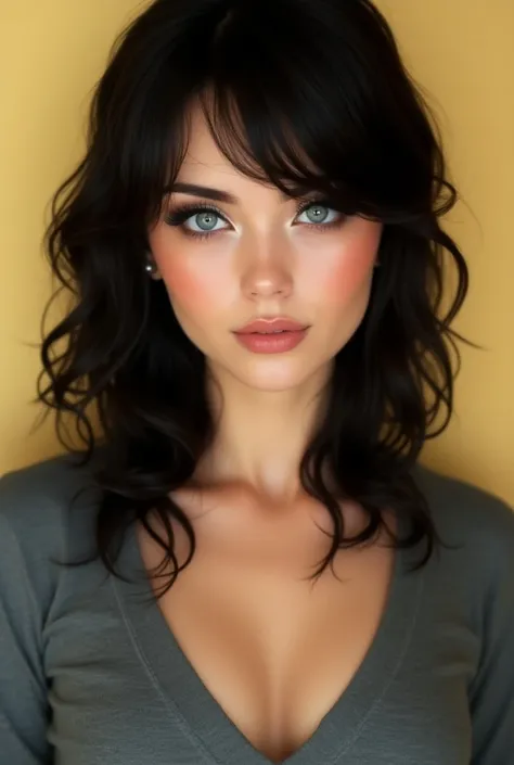 best quality,highres,ultra-detailed,realistic:1.37,portrait, makeup, blue eye, good proportions, black hair, sexiest quality, smirk, facing forward, (yellowish beige sweater), (v-neck),