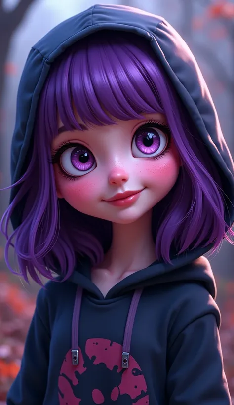 A cartoon waist shot portrait of young adult Dora The Explorer in Halloween cosplay, dark clothes, no gloves, soft hoodie, purple hair, long hair, shoulder length hair, scary cosplay makeup, perfect eyes, perfect face, spooky vibe, happy, joyful