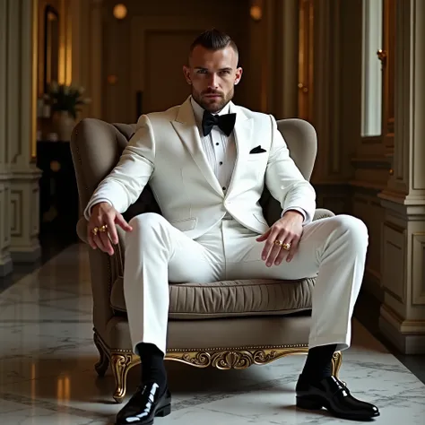 full view, full body, one over-muscular over-bodybuilded handsome white european guy with light-brown undercut haircut, very thin beard, no moustache, wearing white lycra full-suit looking like a tuxedo with black bow tie, black silky satin socks and black...