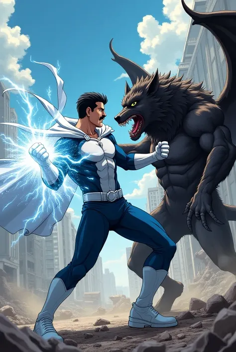 Intense fight scene between two characters. Character 1: a (Middle-aged man with short black hair, in white cape, handle bar mustache, wearing skin tight white and blue original superhero suit, white gloves and white boots: (blue and white cosmic Energy em...