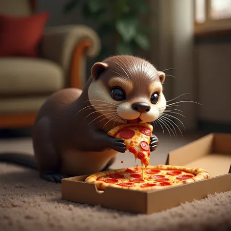 Real pet otter eating ordered pizza delivery