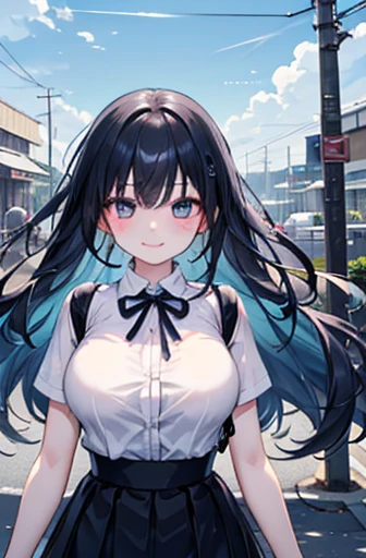 （Beautiful sister:1.3）、 long eyelashes、Happy Face,spring atmosphere、noon、Aggressive、hot、((Strong winds))、 Black Skirt 、Sparkling Eyes、Light blue shirt、Cafe, Big Breasts、 Black Hair Long Hair 、