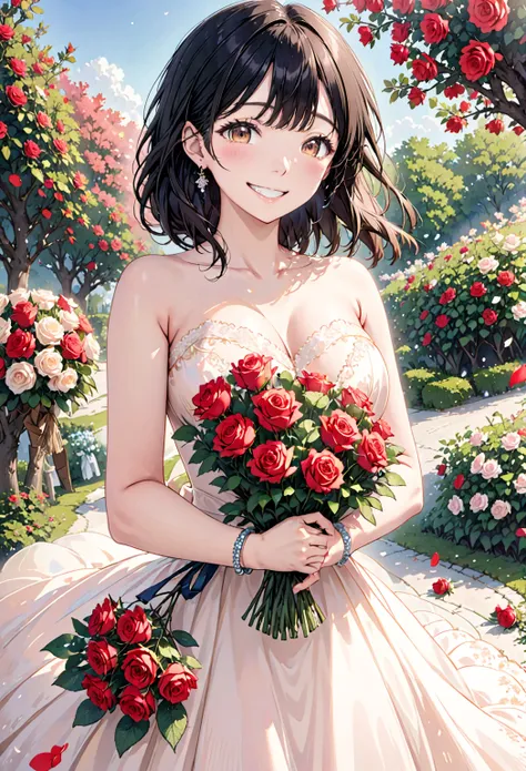 thin、cute、Apricot tree-lined path 、One Woman、(  An apricot colored wedding dress holding lots of roses in front of my chest with both hands :1.5),  bracelet, earrings、  grains of light scattered all over the screen  .、 long black hair , Large Breasts、 Firs...