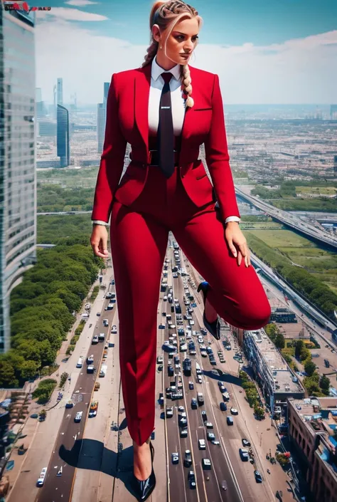 Highly detailed Giantess shot, Giantess,  blonde hair in a braided ponytail, women who are 100’s miles tall, feet dwarfing a skyscraper, big breasts, perfect dark red trouser suit and form fitting crisp white shirt, thick extra wide black necktie, windsor ...