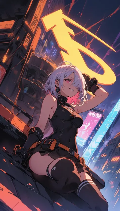 Beauty、smile、 bob cut、Hair Over One Eye 、Reckless attitude、Evil look、 black school swimsuit、 Turtleneck 、finger piercing gloves 、 Knee-High Socks 、tits、Electric guitar、Neon city at night、Machine City、 Cyberpunk、rooftop、stand