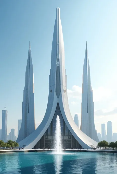 Generate an Islamic mosque futuristic big building with the logo MOESLIME CITY, with a tall fountain spout