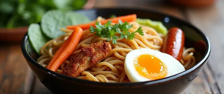  Make a picture of yakisoba noodles the color of her noodles is very striking and very realistic,  with a little topping , satu bakso, chicken,  one sausage ,  carrot , kerupuk pangsit,egg slices . Next to her bowl is written moezzu  