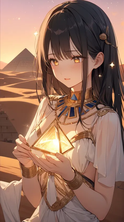 One Girl、Mysterious look、Sparkling Eyes、Long black hair、 Egyptian Style Outfit 、 Graceful Posture、Small breasts、 Holding an ankle in your hand、  
break、  
Twilight Light、（ Warm Tones :1.2）、 Desert Sunset 、 Mysterious Atmosphere 、Ancient Feeling 、 Artistic ...