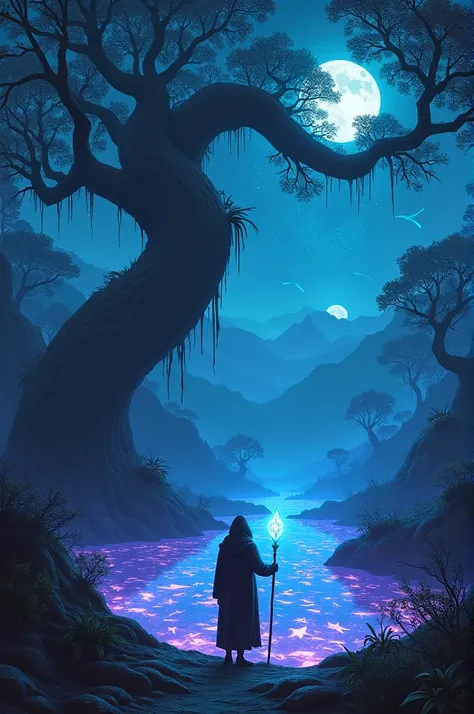 "An ancient, mystical forest where the trees have glowing, bioluminescent leaves in shades of blue and purple. In the center, a giant tree with roots made of crystals extends toward the sky, and floating islands covered in vines and exotic plants hover abo...