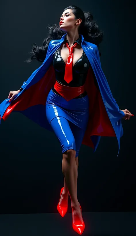 femme en action de saut, latex, brillant, chemisieren latex transparent noir, cape en latex bleue electrique, cravate latex rouge, corset latex rouge, jupe crayon bleu électrique en latex, vinyle talons rouges, visage sévère, black brillant leaps, cheveux ...