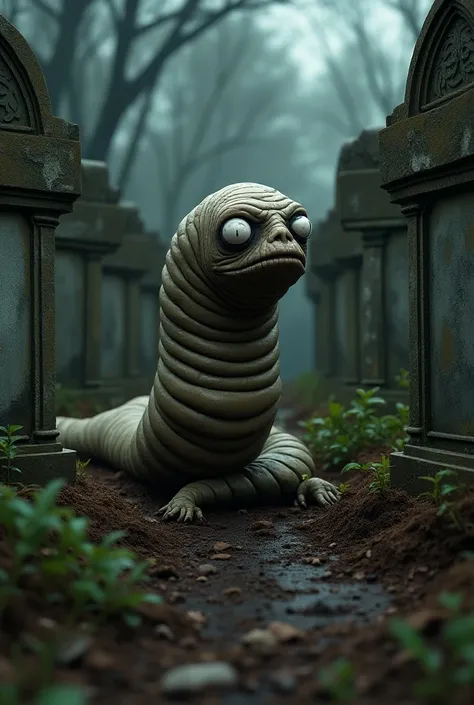 Create an image of the earthworm from the movie Beetlejuice and 15 headstones 