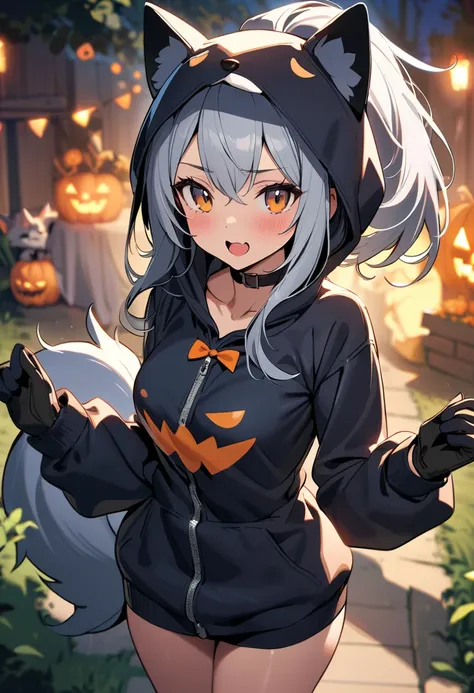 (masterpiece, best quality),pop-art,Girl cosplaying a wolf, wolf kigurumi, Halloween,at outdoor halloween party, BREAK (15yo,cute,silver hair,ponytail, gloves,middle small breasts,wolf-tail,),