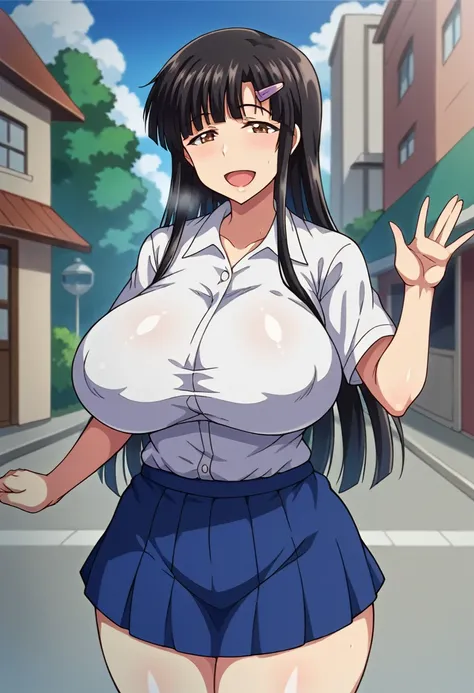 score_9,score_7_up, BREAK source_anime,,Megumi_f, 1girl, solo,shiny,black hair,long hair, brown eyes,,hairclip,white shirt,navy blue mini skirt,huge breasts,open mouth,,smile,,outdoors