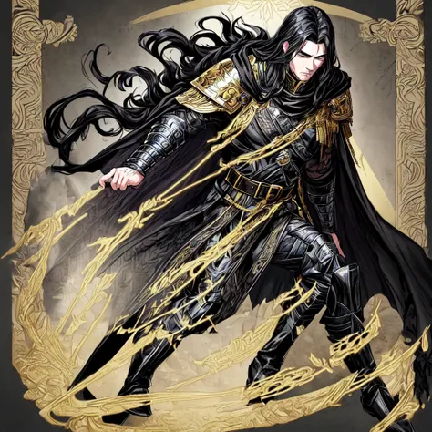 A handsome, cold-looking young man with long black hair and black eyes, wearing a black clothes with gold patterns with an armor on his shoulders and a cape behind him and he wears black boots and silver belt 
the background is battlefield