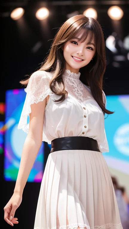 Amazingly large eyes、Smiling expression with white teeth visible、H cup bust、50cm waist、Slender and fair-skinned、Japan woman with long hair、20-year-old、Slim figure、Wearing a pleated skirt and a sheer lace blouse that flutters in the vivid breeze、Wearing hig...