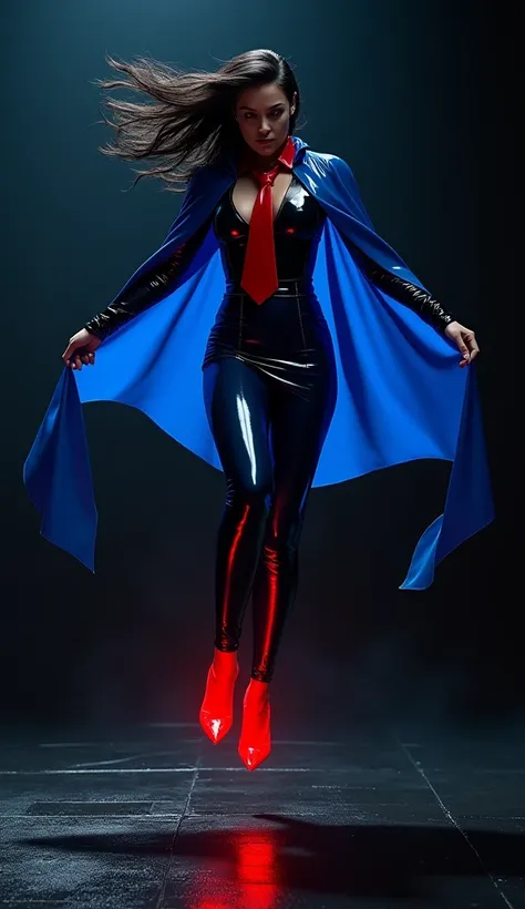 femme en action de saut, latex, brillant, chemisieren latex transparent noir, cape en latex bleue electrique, cravate latex rouge, corset latex rouge, jupe crayon bleu électrique en latex, vinyle talons rouges, visage sévère, black brillant leaps, cheveux ...