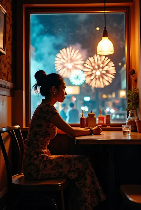 Photography, cinematic composition, movie of Wong Kar-Wai, a woman sitting inside a secluded cafe, she wearing vintage clothes, she look outside the window, firework outside the window,  vibe