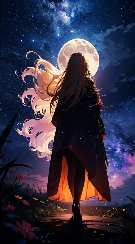 １people々々々々々,Blonde long hair woman，Long coat， Dress Silhouette， Rear View，Universe ，，night，moon，Colorful flowers