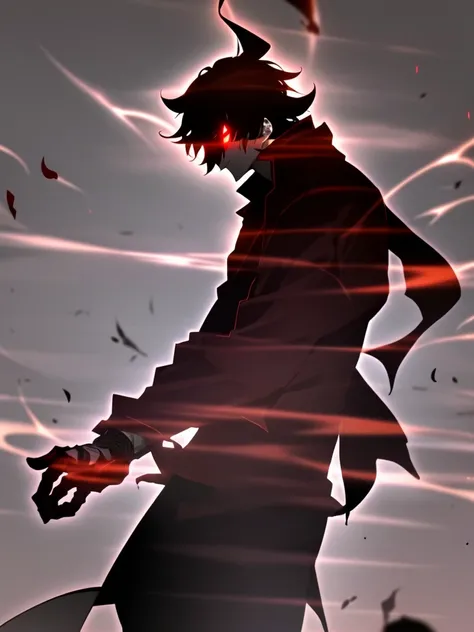 A close-up of a dark anime-style character with messy black hair and glowing red eyes. His expression is calm yet intense, exuding a sense of danger and mystery. He wears a slightly tattered outfit with dark tones, hinting at a recent battle or struggle. T...