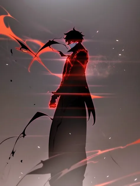 A close-up of a dark anime-style character with messy black hair and glowing red eyes. His expression is calm yet intense, exuding a sense of danger and mystery. He wears a slightly tattered outfit with dark tones, hinting at a recent battle or struggle. T...