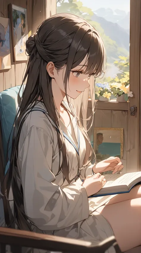 One Girl、Gentle smile、Soft Eyes、Long Hair、 Relaxed Military Uniforms 、 Relaxed Posture 、Small breasts、 Holding a book in his hand、  
break、  
Quiet light、（ Soft Highlights :1.3）、Warm shades、 Calm Atmosphere 、Life of a Soldier 、 Artistic Touch 、Moment of Pe...