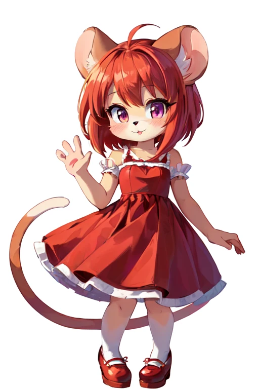 a cartoon mouse girl in a red dress and red shoes, amy rose red dress, loli in dress, female furry mini cute style, beautiful mouse - girl, female fursona, fursona art, anime catgirl, catgirl, cute anime catgirl, oc commission, full body portrait of a shor...