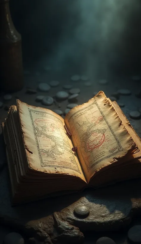 The Mystery of the Old Book

"An open old book with a strange map inside and a blood-red message written beside it. The pages of the book reflect a colorful light."