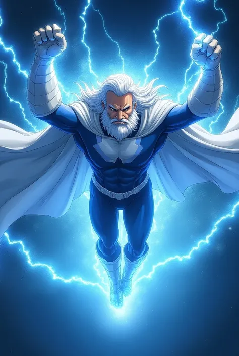 (Middle-aged man with long white hair, in white cape, long beard, wearing skin tight white and blue original superhero suit, white gloves and white boots: 1.2, background flying in space), (blue and white energy particle effects emitting around him with in...