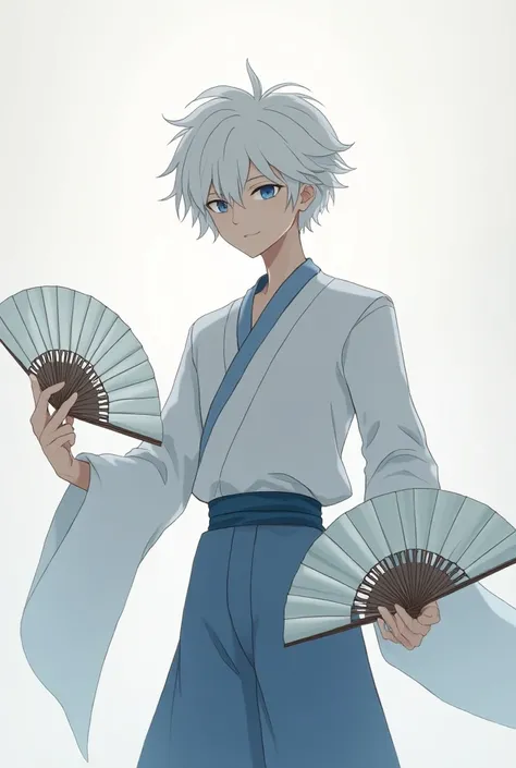 Tall anime male twink with white hair and blue eyes holding 2 fans