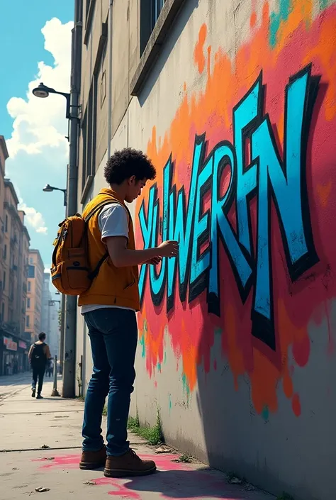 a person painting graffiti on a wall, that the painting has the writing of Yuwer FN