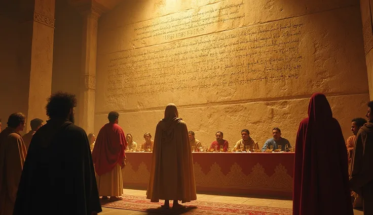  A dramatic image of the supernatural hand writing on the wall, with King Belshazzar and his guests looking on with dread . The event took place in Babylon ,  when the king was celebrating with a great feast ,  drinking wine on the sacred utensils that had...