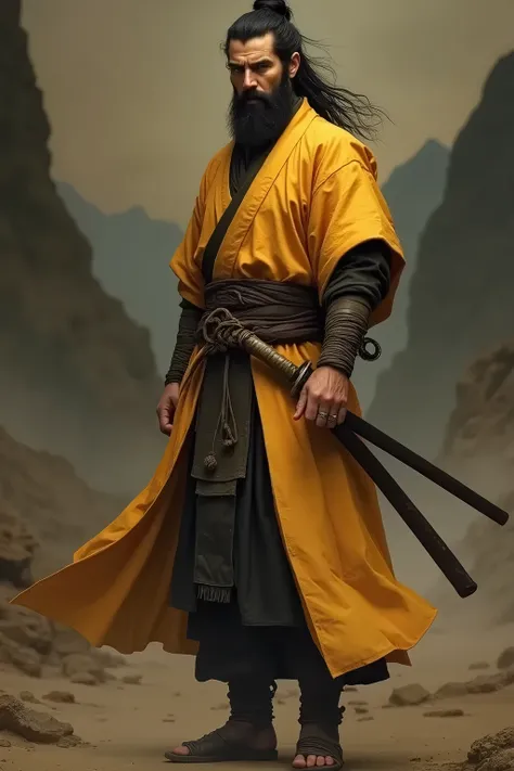   based on this photo of the man ,  create another man with a beard and part of his hair tied samurai-style and a loose part behind, Does he have a power finger ring , Take off this iron fist and put on a string belt