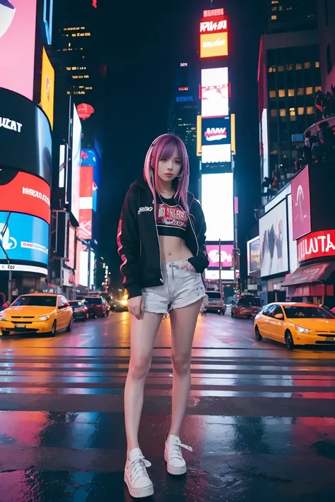 (In 8K、RAW Photos、 best quality、masterpiece:1.2)、(Realistic、Realistic:1.37)、Super detailed、 super high definition、 1 girl、Alone、Rainbow Hair、 hoodie、Espadrilles、  straight hair、 headphones、length、(Center of intersection)、( Is a  )、night、neon、Times Square、 ...