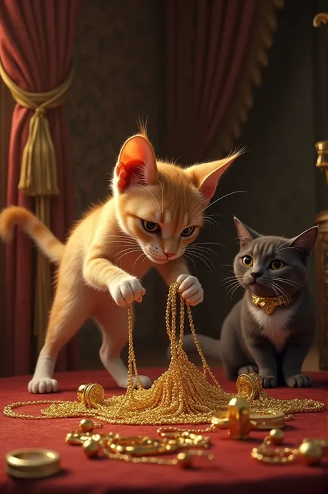 "A thief cat is stealing gold jewelry from a female cat."