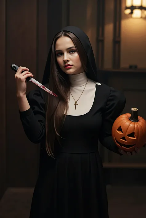 A haunting scene unfolds in a dimly lit, eerie chamber. A young woman, her long dark brown hair cascading down her back, stands dressed in a nuns habit, yet defies the sacred by donning scary makeup. Her gaze is sinister as she grasps a jack-o-lantern with...