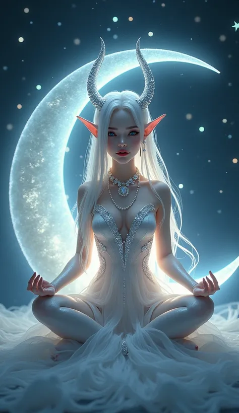 Pose: sitting in the lotus position (half-moon) on a crescent moon, against a star-filled night sky. This pose traditionally symbolizes serenity and connection spiritual.
 * Appearance:
   * face: pointed ears, olhos grandes e Whites com pupilas cintilan...