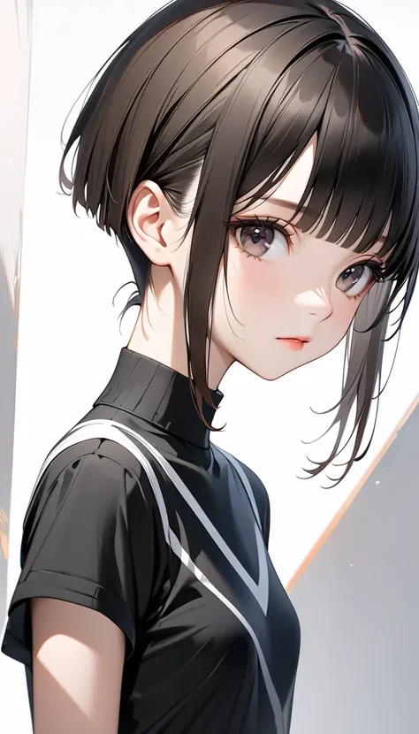 solo。woman、Age 19。Black Hair、 boyish shortcut 、Undercut。Real。 dark brown and black gradation eyes。High quality。 High Resolution 、High image quality。 digital painting 。Two-dimensional beautiful girl。Small breasts。Bangs are the same length 。