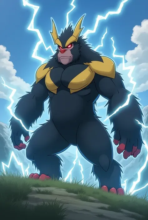  Elevoltek stands dynamically in a mountainous highland ,  while lightning around him .  His body radiates energy ,  and his eyes glow brightly in an electric blue . Elevoltek is a big ,  strong building Pokémon with black and yellow striped fur .  Elevolt...