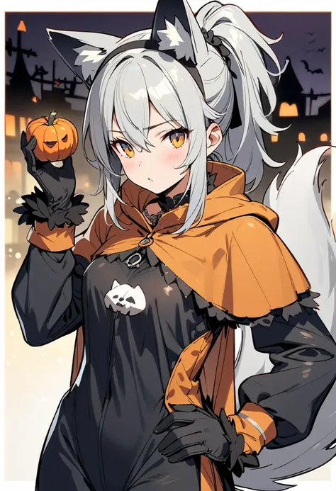 (masterpiece, best quality),concept art,,Girl cosplaying a wolf, wolf kigurumi, Halloween,at outdoor halloween party, BREAK (15yo,cute,silver hair,ponytail, gloves,middle small breasts,wolf-tail,),