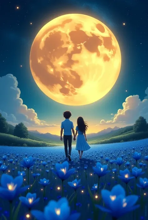 A huge golden moon hangs in the night sky, surrounded by starlight and the Milky Way galaxy. A couple is walking on an endless blue flower path illuminated by glowing fireflies. The entire scene exudes mystery and fantasy, creating a dreamy atmosphere that...