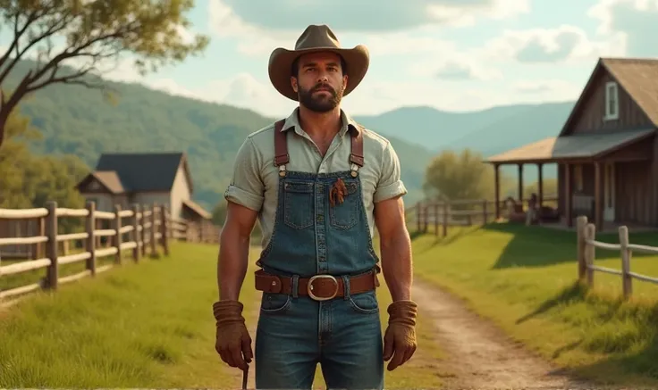 An idyllic southern ranch and homestead, a handsome farmhand in the foreground