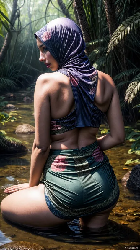 close-up portrait of a beautiful woman with hijab, ((sexy crouching pose in a jungle river)), pov from above, back view pose, ((...