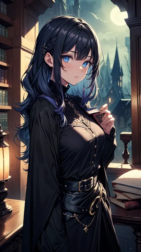 ((((masterpiece, best quality:1.3, high detail)))), beautiful woman holding book, long wavy hair, (dark blue hair), hairpin, bright blue eyes, (purple blouse), ((long black skirt)), pencil skirt, (((long black skirt))), belt, collarbone, ((atmospheric)), (...